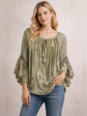 Young Threads Velvet & Lace Boho Peasant Top Sage Green Size L